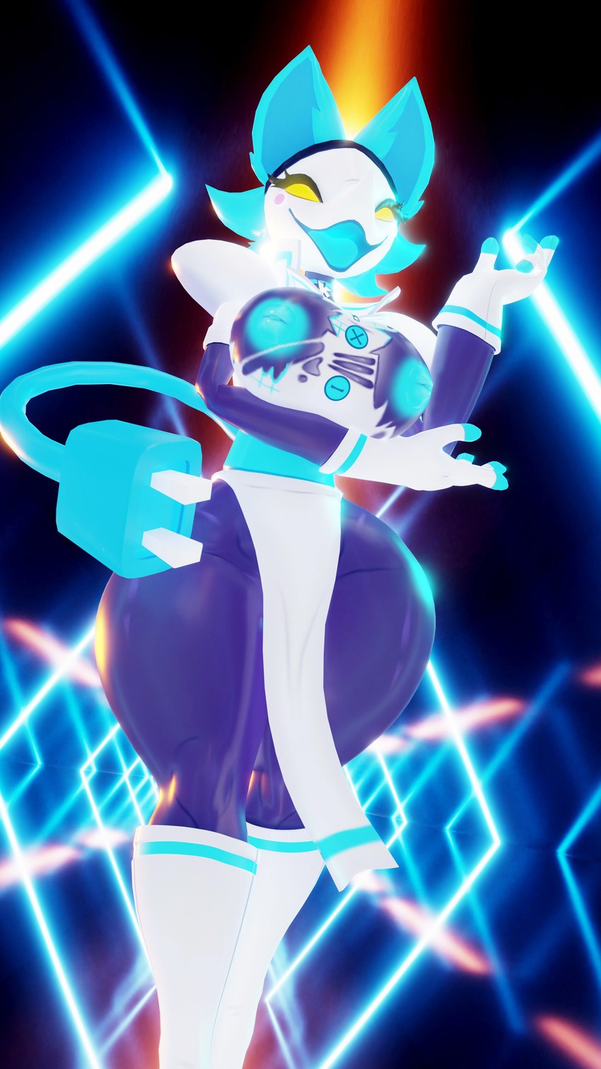 abstract_background anthro arm_under_breasts big_breasts biped blue_body blue_fur blue_nipples bottomwear breasts cable_tail clothed clothing exposed_breasts female fur gloves glowing handwear high_collar holding_elbow inverted_nipples jacket loincloth looking_at_viewer machine nipples no_pupils open_mouth skirt smile smiling_at_viewer solo tail thick_thighs tongue tongue_out topwear torn_clothing torn_topwear yellow_eyes fever-dreamer cryptiacurves_(modeler) blender_cycles deltarune undertale undertale_(series) tasque_manager darkner domestic_cat felid feline felis mammal robot 2024 3d_(artwork) 4k 9:16 absurd_res blender_(artwork) digital_media_(artwork) hi_res