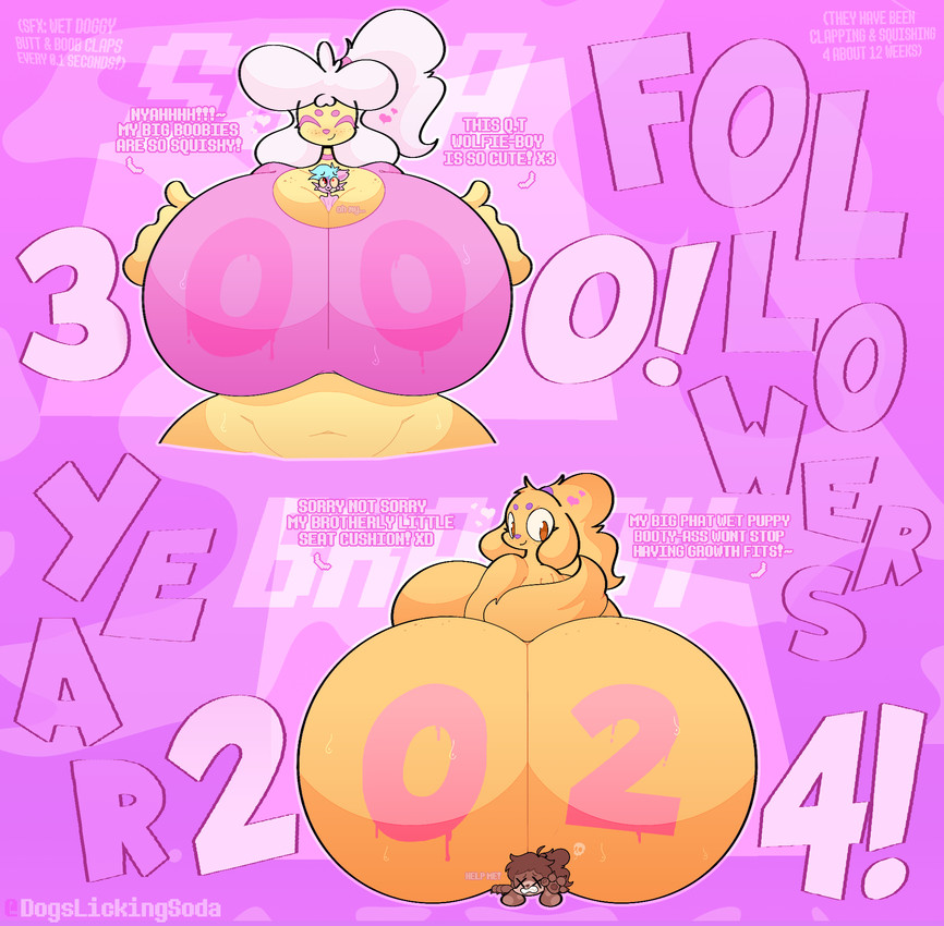 accessory anthro big_breasts big_butt blush bodily_fluids body_writing breasts butt butt_crush butt_expansion clothing crush embarrassed expansion female follower_number fur group hair hair_accessory heart_symbol holidays huge_breasts huge_butt huge_thighs hyper hyper_breasts hyper_butt male male/female nude pink_clothing pink_shirt pink_topwear ponytail shirt simple_background sitting_on_another smile sweat sweaty_butt tail text thick_thighs topwear wide_hips writing_on_butt y2k_(graphic_design) dogslickingsoda new_year new_year_2024 ash_(dogslickingsoda) brandy_(dogslickingsoda) soda_(dogslickingsoda) sof_(dogslickingsoda) canid canine canis domestic_dog mammal wolf 2024 english_text hi_res