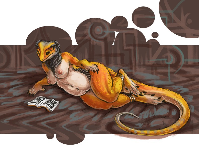 anthro belly book breasts brown_eyes claws countershading digitigrade female hanging_belly lying nipples non-mammal_breasts non-mammal_nipples on_side slightly_chubby solo tail thick_thighs acidapluvia allison_(slither) agamid bearded_dragon lizard reptile scalie