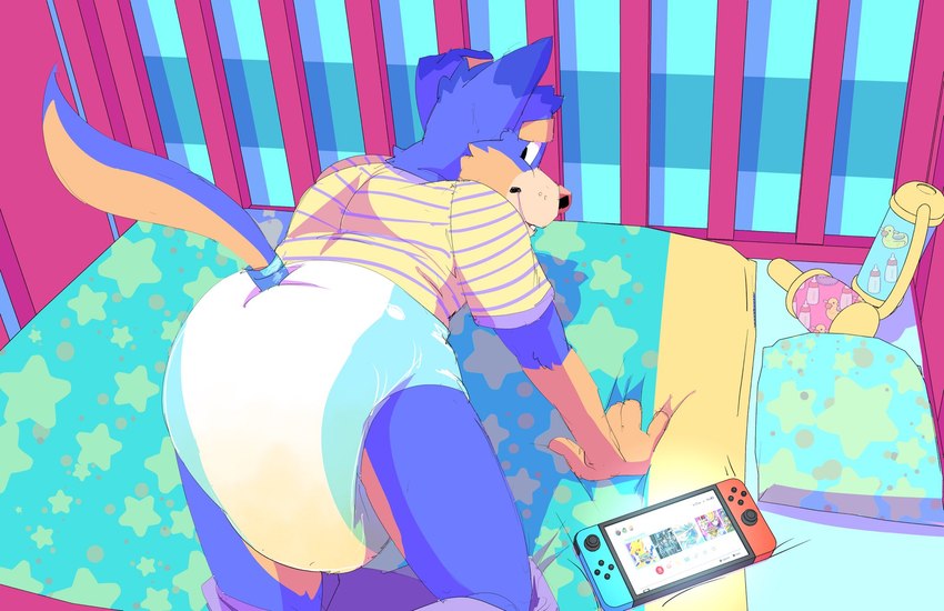 ageplay anthro biped blue_blanket blue_pillow bodily_fluids brown_body brown_fur brown_tail clothed clothing crib detailed_background diaper fur genital_fluids in_crib infantilism looking_back male multicolored_body multicolored_fur pattern_clothing pattern_shirt pattern_topwear pillow purple_body purple_fur purple_tail raised_tail rear_view roleplay shirt smile solo star_pattern striped_clothing striped_shirt striped_topwear stripes tail teeth topwear two_tone_body two_tone_fur two_tone_tail unclean_diaper urine used_diaper wearing_diaper wet_diaper yellow_clothing yellow_shirt yellow_topwear daire301 nintendo nintendo_switch daire_(dog) canid canine canis domestic_dog mammal 2021 digital_media_(artwork) hi_res