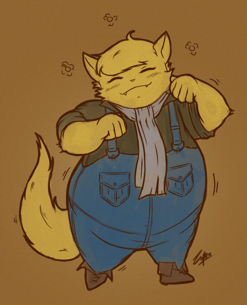 anthro belly blush boots clothing cute_fangs fangs footwear male overalls overweight paw_pose pose scarf shoes smile solo tail teeth young zephir cyberconnect2 fuga:_melodies_of_steel little_tail_bronx boron_brioche domestic_cat felid feline felineko felis mammal hi_res