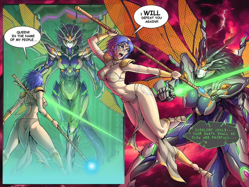 alternate_species big_breasts bottomwear breasts clothed clothing dialogue duo energy_sword female fight footwear glowing glowing_eyes humanized loincloth machine melee_weapon polearm sandals shoes skimpy spear speech_bubble sword thick_thighs weapon wide_hips wings luigiix nintendo star_fox krystal_(star_fox) alien aparoid human humanoid mammal robot