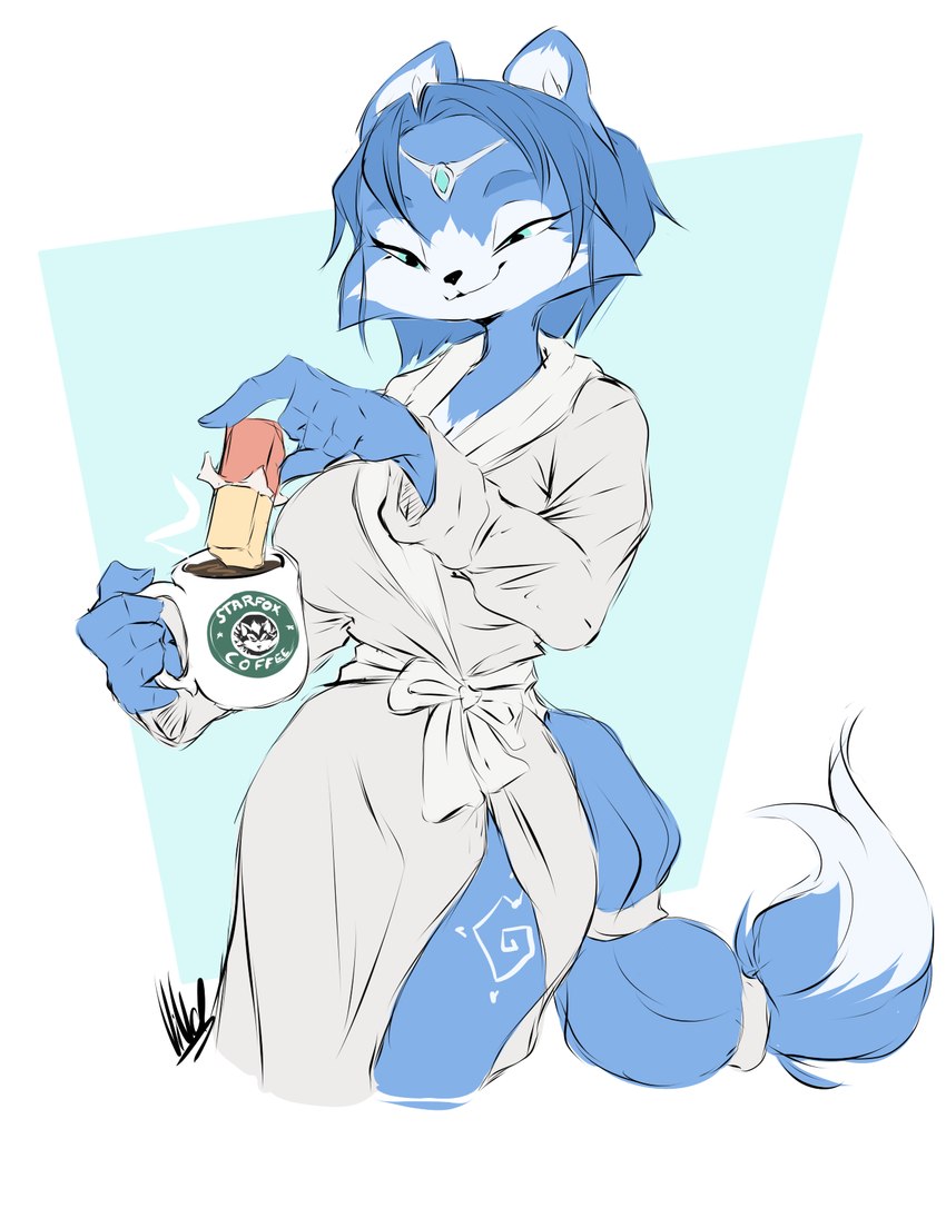 anthro bathrobe beverage blue_body blue_fur blue_hair butter cheek_tuft clothing coffee coffee_mug crown dairy_products facial_tuft female food fur hair half-closed_eyes headgear multicolored_body multicolored_fur narrowed_eyes robe smile smirk smug smug_face solo tiara tuft two_tone_body two_tone_fur white_body white_fur dullvivid nintendo star_fox krystal_(star_fox) canid canine fox mammal 2025 hi_res