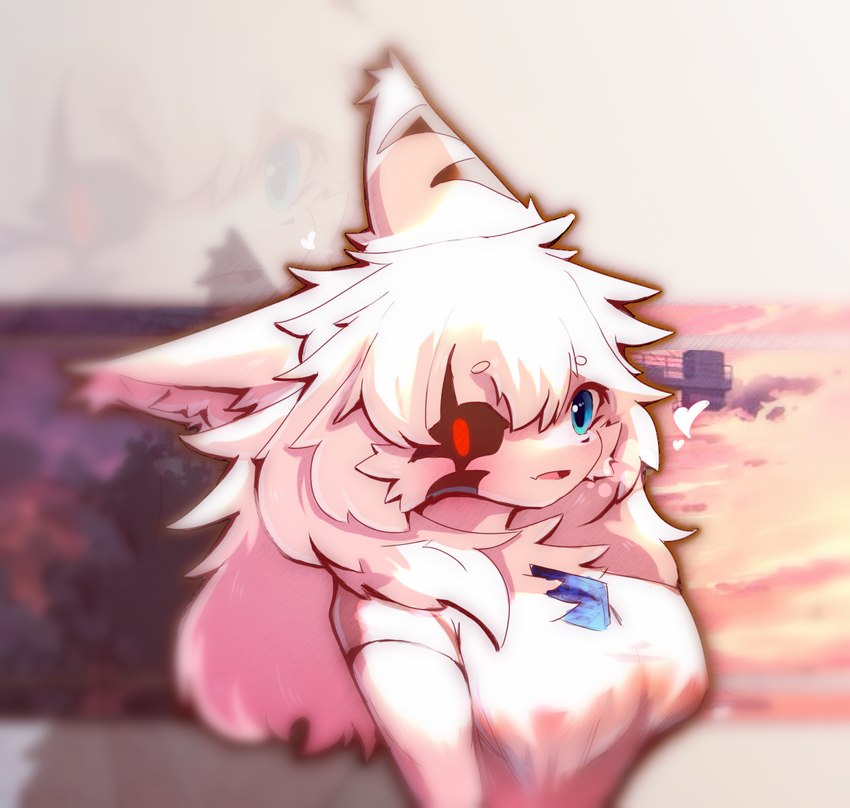 afterglow anthro big_breasts blue_crystal blue_eyes breast_play breasts clothed clothing female fur hair long_hair red_eyes solo tight_clothing white_body white_fur qavc hi_res