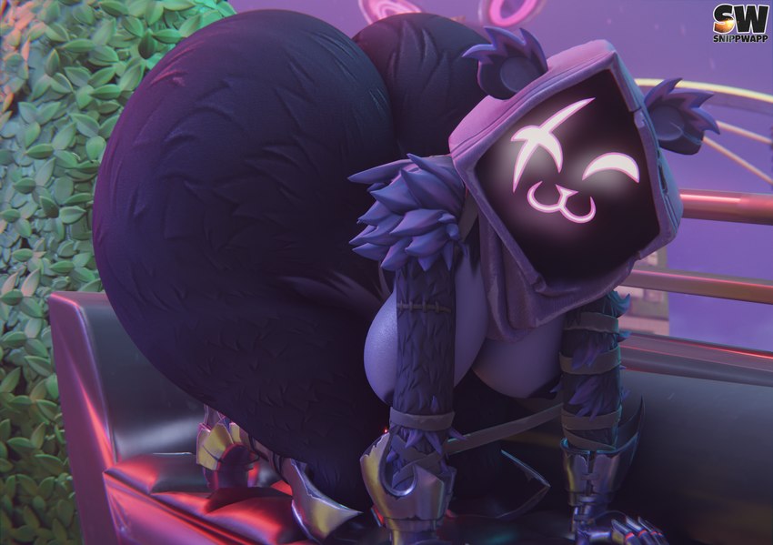 ^w^ all_fours anthro areola arm_scar arm_wraps armor ass_up big_breasts big_butt breasts butt clothing curvy_figure eye_scar facial_scar female footwear fur furniture gauntlets gloves greaves half-closed_eyes handwear hood huge_breasts huge_butt looking_at_viewer narrowed_eyes nipples nude purple_body sabatons scar shadow_face smile smiling_at_viewer solo surgical_suture thick_thighs wraps snippwapp blender_eevee epic_games fortnite raven_team_leader bear mammal 3d_(artwork) absurd_res blender_(artwork) digital_media_(artwork) hi_res