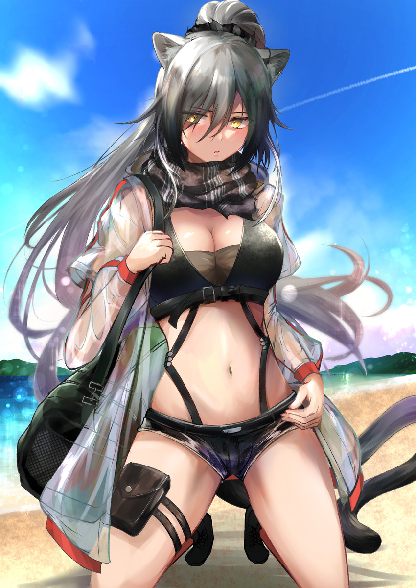 amber_eyes bag beach bottomwear breasts clothing cloud contrail day female hair jacket kneeling long_hair looking_aside navel outside ponytail sand scarf seaside shorts silver_hair solo topwear kiyakyuu arknights hypergryph studio_montagne schwarz_(arknights) animal_humanoid cat_humanoid felid felid_humanoid feline feline_humanoid humanoid mammal mammal_humanoid 2020 hi_res