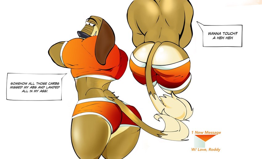 anthro big_butt bottomwear brown_body brown_fur butt clothed clothing dialogue fur hotpants looking_back male male_anthro raised_clothing raised_shirt raised_tank_top raised_topwear rear_view shirt shorts solo tank_top text thick_thighs topwear roddythicc johnny_test_(series) dukey canid canine canis domestic_dog mammal english_text hi_res