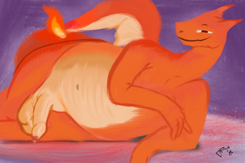 anthro balls fire flaming_tail foreskin genitals lying male nude on_side overweight overweight_anthro overweight_male penis red_body simple_background slightly_chubby smile solo tail white_body epitaphkho_(artist) mythology nintendo pokemon charizard dragon generation_1_pokemon mythological_creature mythological_scalie pokemon_(species) scalie 2019