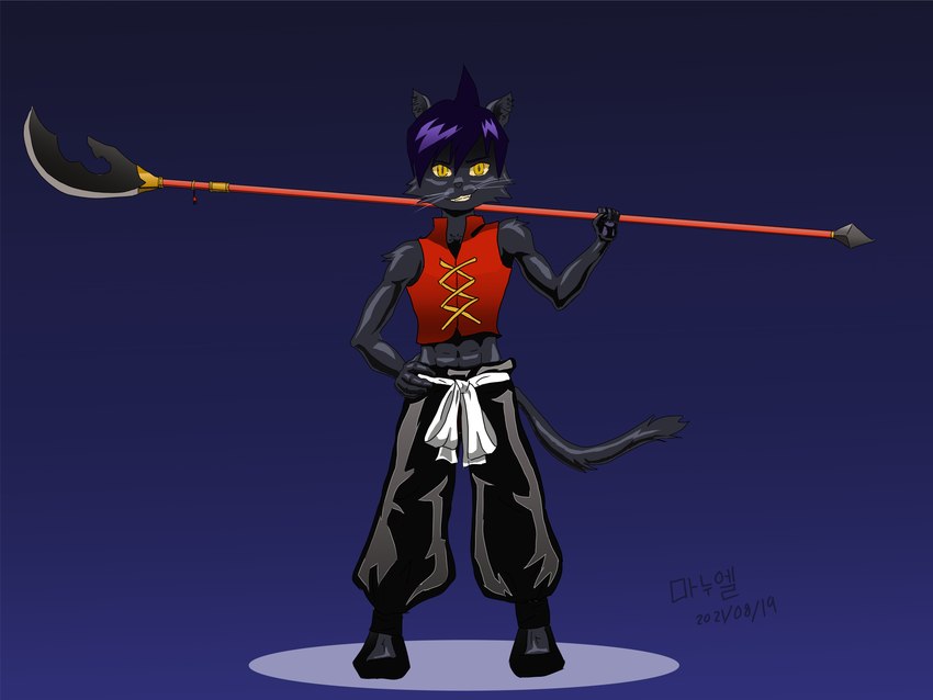 abs black_clothing clothing fur glance grey_body grey_fur hair male melee_weapon polearm purple_hair red_clothing smile solo spear weapon weapon_on_shoulder whiskers yellow_eyes yopo9810 shaman_king domestic_cat felid feline felis humanoid mammal absurd_res hi_res shaded