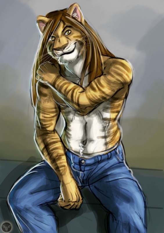 anthro clothed clothing fur hair looking_at_viewer male muscular muscular_anthro muscular_male pecs simple_background smile solo jakensitou felid hybrid liger lion mammal pantherine 2016 digital_media_(artwork) hi_res