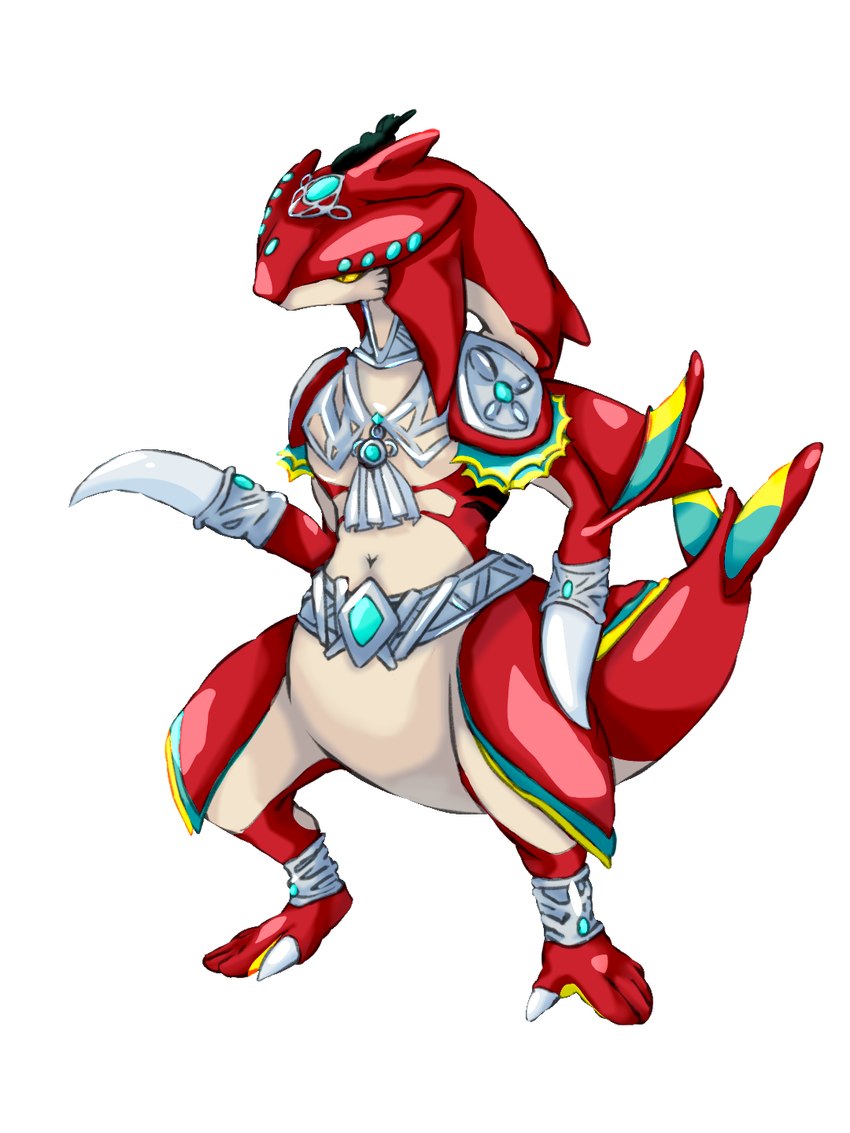 feral male red_body semi-anthro simple_background solo tail tailbutt white_background wide_crotch yellow_eyes whlelly breath_of_the_wild mythology nintendo pokemon tears_of_the_kingdom the_legend_of_zelda dragon garchomp generation_4_pokemon hybrid marine mythological_creature mythological_scalie pokemon_(species) scalie zora 3:4 crossover hi_res shaded