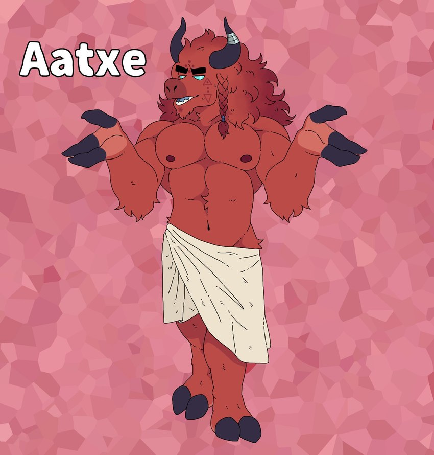 alphabet anthro barazoku basque bottomwear bovid_horn bovine_ears bovine_hooves bovine_horn bovine_tail braided_hair clothing fur hair horn lingerie loincloth male pecs red_body red_fur solo teratophilia chippybooru mythology aatxe bovid bovid_satyr bovine bovine_satyr cattle cryptid mammal monster hi_res