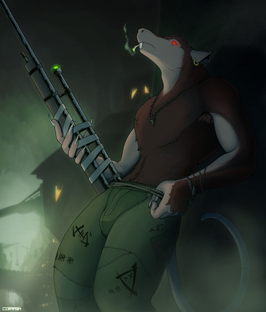 anthro athletic athletic_male bottomwear cigarette clothed clothing dog_tags ear_piercing ear_ring fur gun holding_object holding_weapon jewelry looking_at_viewer male necklace pants piercing ranged_weapon red_eyes rifle ring_piercing smoke smoking sniper_rifle solo tail teeth topless weapon corrsk warhammer_(franchise) warhammer_fantasy mammal murid murine rat rodent skaven digital_media_(artwork) hi_res