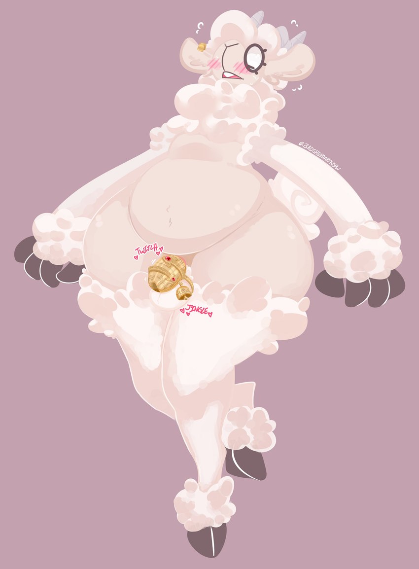 ankle_tuft anthro arm_tuft balls blush chastity_cage chastity_cage_bell chastity_device ear_piercing ear_ring fur genitals gold_(metal) gold_chastity_cage gold_chastity_device heart_symbol hooves horn leg_tuft looking_down male neck_tuft open_mouth piercing pink_background ring_piercing simple_background solo standing text tuft white_body white_fur wide_hips wrist_tuft badsheep gail_(badsheep) bovid caprine mammal sheep absurd_res hi_res