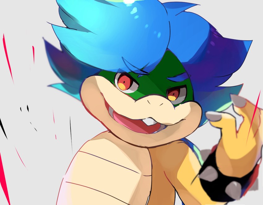 anthro blue_eyebrows blue_hair bracelet claws eyebrows fangs finger_claws hair jewelry male multicolored_body multicolored_scales red_eyes scales solo spiked_bracelet spikes teeth zeso mario_bros nintendo koopaling ludwig_von_koopa koopa scalie