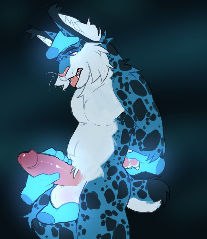 anthro black_spots blue_body blue_fur breath disembodied_hand fur genitals ghost_hand hand_on_balls hand_on_penis headpat locked_arms male male/male markings nub_tail panting penis purple_eyes restraints solo_focus spots spotted_body tongue tongue_out white_body white_fur likanen bookermeister felid feline lynx mammal hi_res