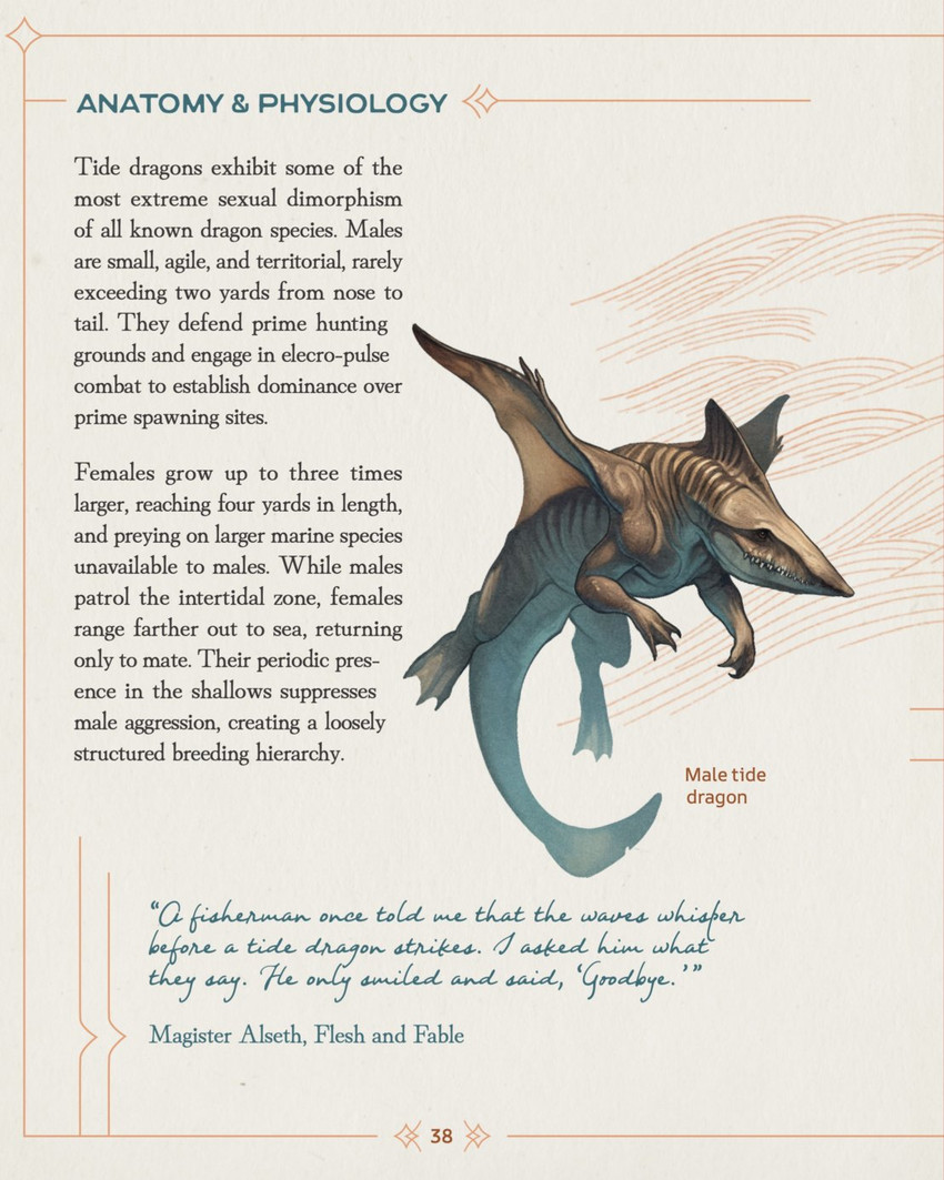 ambiguous_gender back_wings brown_body brown_membrane brown_stripes countershade_face countershade_tail countershade_torso countershading cursive exposed_teeth feet feral fin head_fin membrane_(anatomy) membranous_wings mouth_closed notched_tail page_number simple_background solo species_description spread_wings striped_body striped_fin stripes tail tan_background text toes webbed_feet webbed_hands wings christopher_stoll dragonatomy mythology aquatic_dragon dragon marine mythological_creature mythological_scalie scalie winged_dragon 2025 digital_drawing_(artwork) digital_media_(artwork) english_text full-length_portrait hi_res portrait male_(lore)