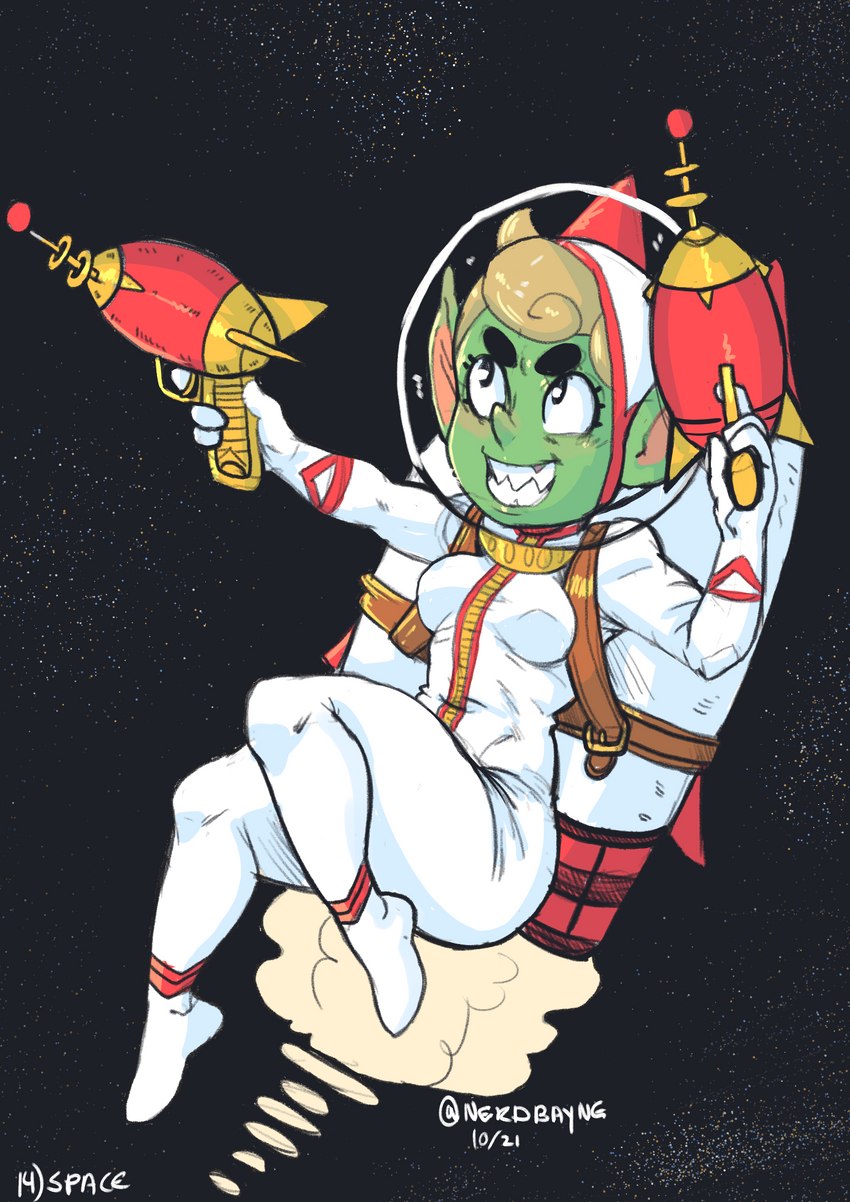 armor blonde_hair breasts clothed clothing eyebrows female fingers flying footwear green_body green_skin gun hair handwear headgear helmet holding_object holding_weapon humanoid_pointy_ears jet_pack not_furry open_mouth outerspace plantigrade ranged_weapon raygun retrofuturism sharp_teeth smile space_helmet spacesuit teeth thick_eyebrows topwear weapon nerdbayne goblin humanoid mammal 2021 absurd_res digital_media_(artwork) hi_res shaded signature