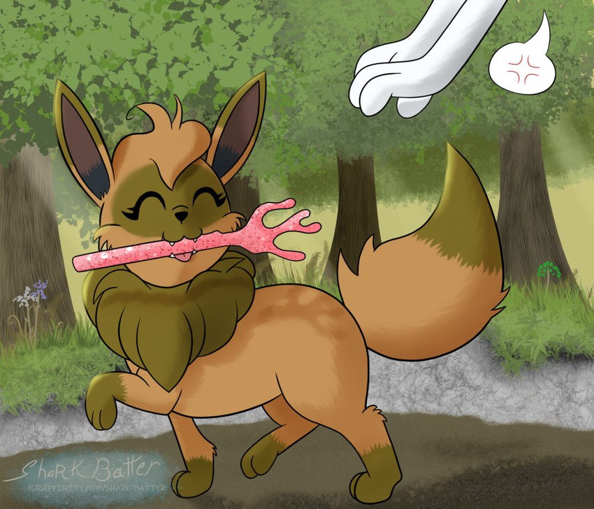 3_fingers 3_toes brown_body brown_fur disembodied_hand duo eyes_closed fangs feet female feral fingers forest fur inner_ear_fluff object_in_mouth outside paws plant teeth toes tongue tongue_out tree tuft wand white_body white_fur mew_drop nintendo pokemon bubbles_the_braixen eva_the_eevee fan_character anthozoan braixen cnidarian coral eevee generation_1_pokemon generation_6_pokemon marine pokemon_(species)