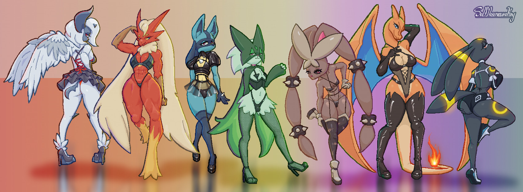 3_fingers 3_toes 4_fingers 5_fingers :3 abs anthro anthrofied back_wings beak belt big_breasts big_butt big_ears bioluminescence black_body black_clothing black_fur blue_body blue_eyes blue_fur boots bottomwear bow_ribbon bra bracelet breast_size_difference breasts bulge butt cape choker claws cleavage clothed clothing collarbone collared_shirt corset countershading cuffs_(clothing) curvy_figure dress eyelashes eyeliner eyeshadow facial_markings feathered_wings feathers feet female femboy fingers fire fishnet_clothing fishnet_legwear flat_chested foot_on_leg footwear frilly frilly_clothing frilly_dress fur glistening glistening_body gloves gloves_(marking) glowing green_body group hair handwear head_markings high_heeled_boots high_heels horn hotpants hourglass_figure jewelry knee_highs knee_socks lace_stockings latex latex_boots latex_clothing latex_footwear latex_gloves latex_handwear leaning leaning_forward leather leather_clothing leg_markings legwear lidded_eyes lingerie long_ears long_eyelashes long_hair long_lashes long_sleeves looking_back makeup male markings mask mask_(marking) muscular muscular_female navel neck_tuft necklace on_one_leg orange_body orange_scales panties pokemorph pose presenting rear_view red_body red_bra red_clothing red_eyes red_panties red_underwear reflective_clothing rim_lighting rimlight running_shoes scales shirt shoes shorts showing_off_muscles side_boob simple_background skinny skirt sleeves small_breasts small_waist smile socks socks_(marking) solo spiked_bracelet spikes spikes_(anatomy) spread_wings standing stockings straps string string_bow tail teddy_(clothing) thick_thighs thong tights toes topwear torn_clothing translucent translucent_clothing tuft underwear white_body white_clothing white_fur white_gloves white_hair white_handwear white_sclera wide_hips wings yellow_sclera selfdestructking nintendo pokemon blaziken charizard eeveelution felid generation_1_pokemon generation_2_pokemon generation_3_pokemon generation_4_pokemon generation_6_pokemon generation_9_pokemon lagomorph leporid lucario mammal mega_absol mega_evolution mega_lopunny meowscarada pokemon_(species) scalie umbreon colored colored_line_art digital_media_(artwork) full-length_portrait hi_res line_art pinup pixel_(artwork) portrait shaded signature