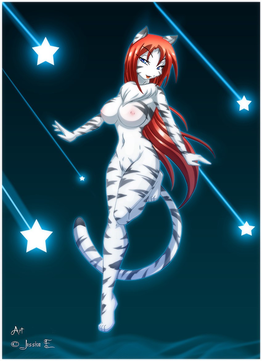 anthro big_breasts blue_eyes border breasts chest_tuft copyright_symbol crotch_tuft female fur grey_stripes hair leucistic looking_at_viewer meteor_shower meteor_storm neck_tuft nipples nude red_hair shooting_star simple_background solo star striped_body striped_fur stripes symbol tail text tuft white_body white_border white_fur matypup tigrezs felid mammal pantherine tiger 2007 artist_name full-length_portrait hi_res portrait