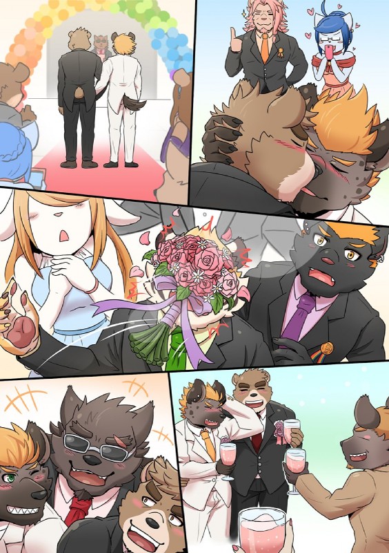 anthro black_border blush border bouquet clothed clothing dialogue female front_view fur greeting group hair kissing male male/male muscular muscular_male speech_bubble standing text wedding h155296 gym_pals boss_(gym_pals) bruno_(gym_pals) grizz_(gym_pals) hyeny_(gym_pals) master_(gym_pals) niku_(gym_pals) pal_(gym_pals) bear bovid bovine canid canine canis cattle felid hyena mammal pantherine spotted_hyena tiger wolf 2019 comic digital_drawing_(artwork) digital_media_(artwork) english_text hi_res