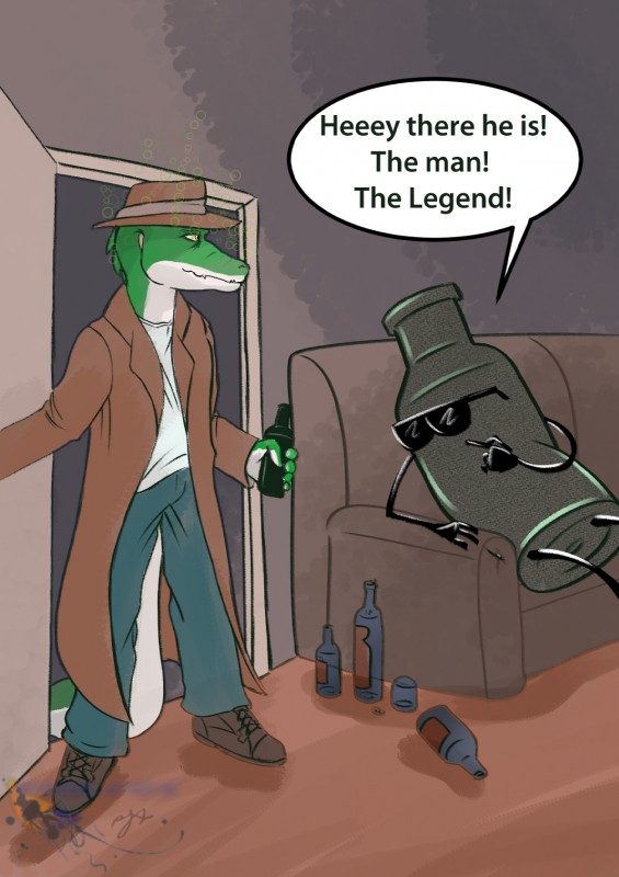 alcohol alcoholic anthro beer beverage clothed clothing drunk duo eyewear fully_clothed furniture male sofa substance_intoxication sunglasses philfox bottle_bud_(cregon) cregon alligator alligatorid crocodile crocodilian imaginary_friend reptile scalie hi_res