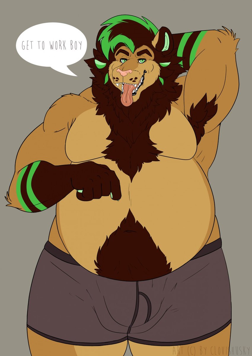 anthro armpit_hair belly big_belly body_hair bulge clothing green_eyes male mature_male overweight overweight_male solo tongue tongue_out underwear clovishusky felid lion mammal pantherine hi_res