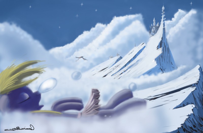 ambiguous_gender blonde_hair bubble castle cliff day detailed_background eyes_closed feral hair hooves outside snow solo auroriia friendship_is_magic hasbro my_little_pony derpy_hooves_(mlp) equid mammal hi_res