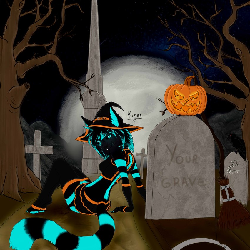 anthro armwear black_body black_fur black_sclera blue_body blue_eyes blue_fur blue_hair bottomwear broom cemetery claws cleaning_tool clothed clothing costume ear_tuft female food fruit full_moon fur furgonomics hair half-closed_eyes halloween_costume hat headgear headwear holidays legwear magic_user markings moon narrowed_eyes night paws plant pumpkin sitting skirt solo stockings striped_markings striped_tail stripes tail tail_markings tail_through_skirt tombstone topwear tuft witch witch_costume witch_hat snaketeeth12 halloween kisha domestic_cat felid feline felis mammal 1:1 hi_res