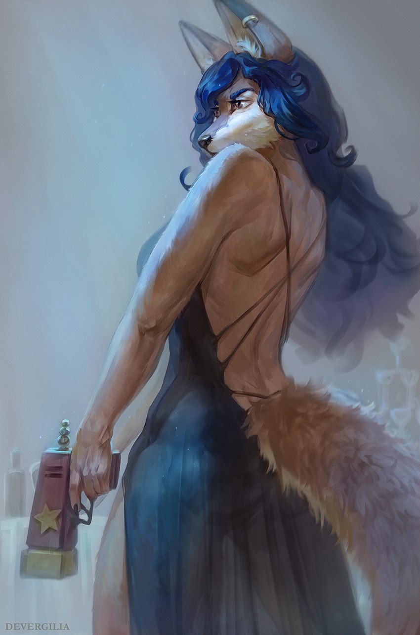 anthro black_clothing black_dress blue_hair clothed clothing container cup dress drinking_glass ear_piercing ear_ring electroshock_weapon female fierce fingers fluffy fluffy_tail fur glass glass_container glass_cup gun hair handgun holding_object holding_ranged_weapon holding_weapon orange_body orange_eyes orange_fur piercing ranged_weapon rear_view ring_piercing side_view solo standing tail taser text weapon wine_bottle wine_glass devergilia sly_cooper_(series) sony_corporation sony_interactive_entertainment sucker_punch_productions carmelita_fox canid canine fox mammal 2023 artist_name digital_drawing_(artwork) digital_media_(artwork) hi_res