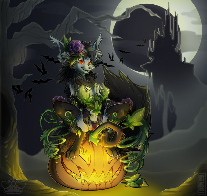 4_toes accessory anthro anthrofied breasts castle claws cleavage clothed clothing costume dead_tree detailed_background feet female flower food fruit fur hair_accessory hand_on_knee hand_on_leg holidays ivy_(plant) jack-o'-lantern leaf moon partially_clothed plant pumpkin red_eyes rose_(flower) sitting smile solo spread_legs spreading toes tree underwear vines yellow_sclera misericorde whimsydreams halloween nintendo pokemon gabi_(zero_zivan) bat canid canine generation_3_pokemon mammal mightyena pokemon_(species) artist_collaboration hi_res signature