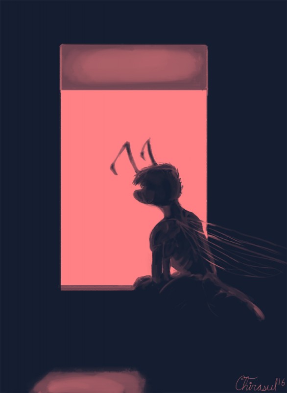 4_arms antennae_(anatomy) anthro arthropod_abdomen biped dark darkness hair insect_wings inside looking_away looking_outside looking_through looking_through_window male multi_arm multi_limb pink_background rear_view silhouette simple_background sitting solo window wings chirasul tav arthropod fly_(animal) insect laphria 2016 digital_media_(artwork) hi_res restricted_palette signature