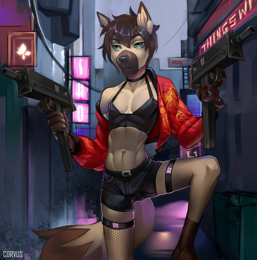 5_fingers anthro biped black_bottomwear black_clothing black_nose black_shorts black_topwear bottomwear brown_body brown_fur brown_hair brown_tail_tip building city city_background cityscape clothed clothing crop_top detailed_background dipstick_tail eyebrows femboy fingers fishnet_clothing fishnet_legwear fluffy fluffy_tail fur green_eyes gun hair holding_gun holding_object holding_ranged_weapon holding_weapon hotpants jacket legwear mac-10 male markings midriff multicolored_body multicolored_tail outside ranged_weapon red_clothing red_jacket red_topwear shirt shorts solo submachine_gun tail tail_markings tan_body tan_fur topwear two_tone_body weapon corvus_(artist) matthew_(articwuff) canid canine canis mammal wolf 2019 absurd_res digital_media_(artwork) hi_res