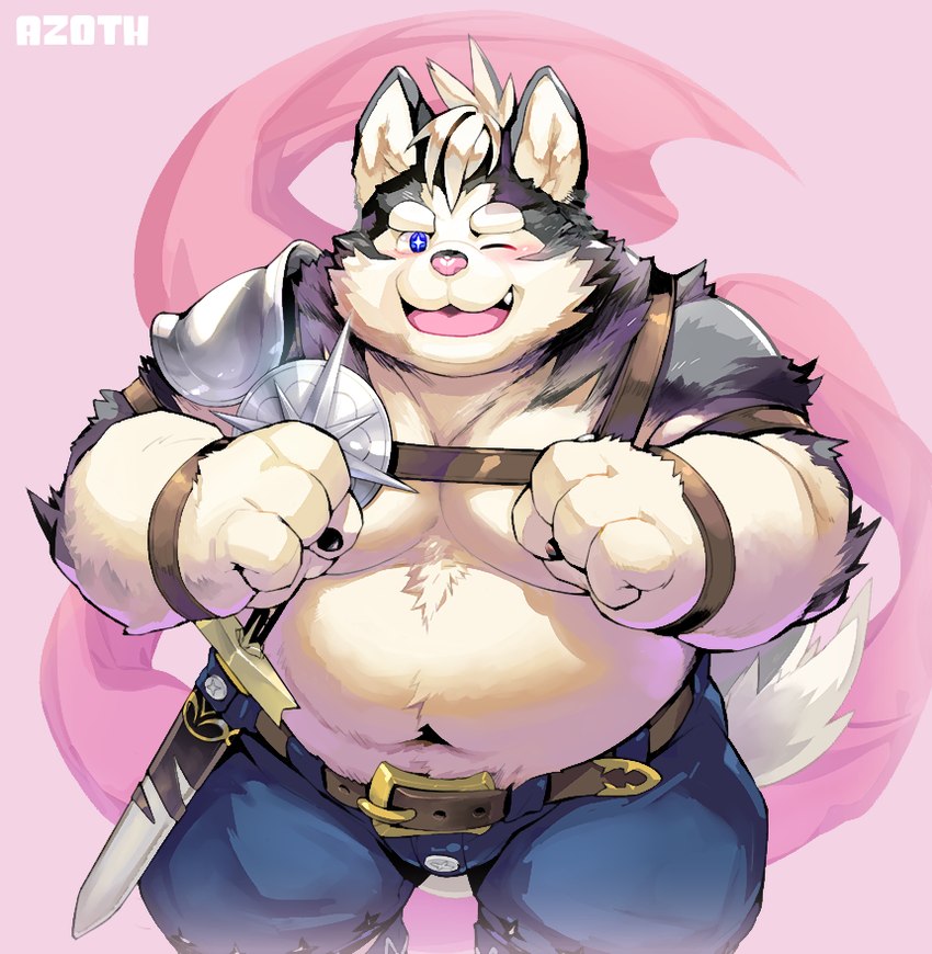 anthro belly blush bottomwear clothing kemono male moobs navel nipples one_eye_closed overweight overweight_male pants solo weapon wink nekomarudon crave_saga azoth_(crave_saga) canid canine canis domestic_dog mammal 2023