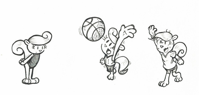 anthro ball basketball basketball_(ball) bodily_fluids clothing curled_hair curled_tail eyelashes female hair one-piece_swimsuit simple_background solo sport_swimsuit sweat sweatdrop swimwear tail uniform el_senor_erizo nutty_(el_senor_erizo) mammal rodent sciurid tree_squirrel hi_res monochrome sketch