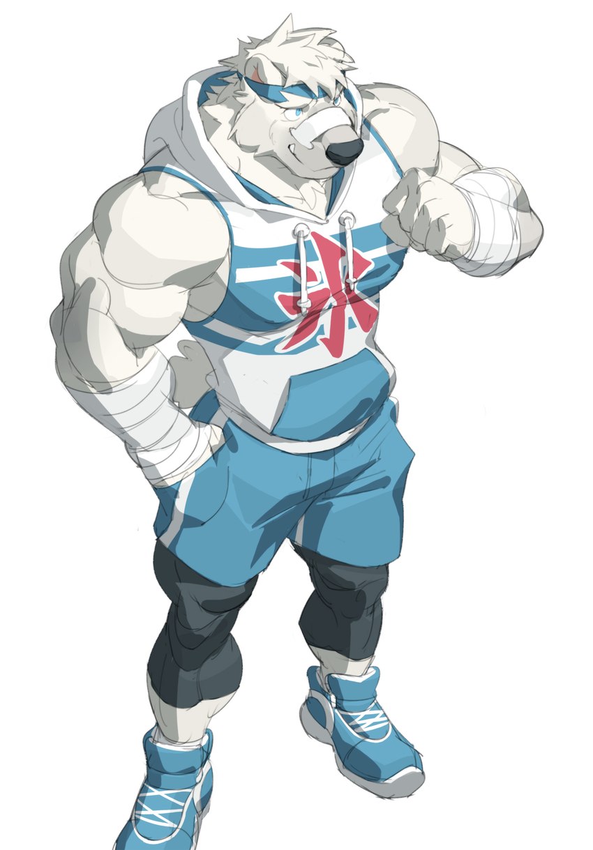 accessory anthro biceps bottomwear clothed clothing footwear fur headband hoodie legwear male muscular muscular_anthro muscular_male shoes simple_background sleeveless_hoodie solo topwear white_body white_fur rollingstoneeeeee ben_(rollingstoneeeeee) bear mammal polar_bear ursine hi_res