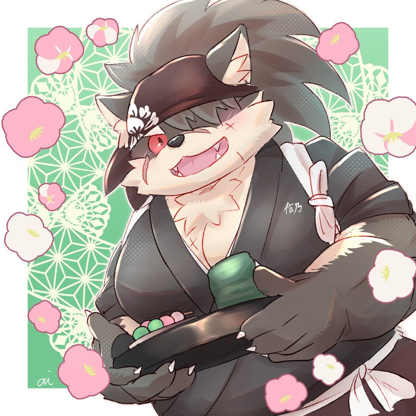 anthro asian_clothing belly black_clothing blush clothing dango_(food) east_asian_clothing fur grey_body grey_fur hair japanese_clothing kimono male musclegut muscular pecs ponytail red_eyes scar solo alli_paeonia lifewonders tokyo_afterschool_summoners shino_(tas) canid canine canis domestic_dog mammal 1:1 hi_res