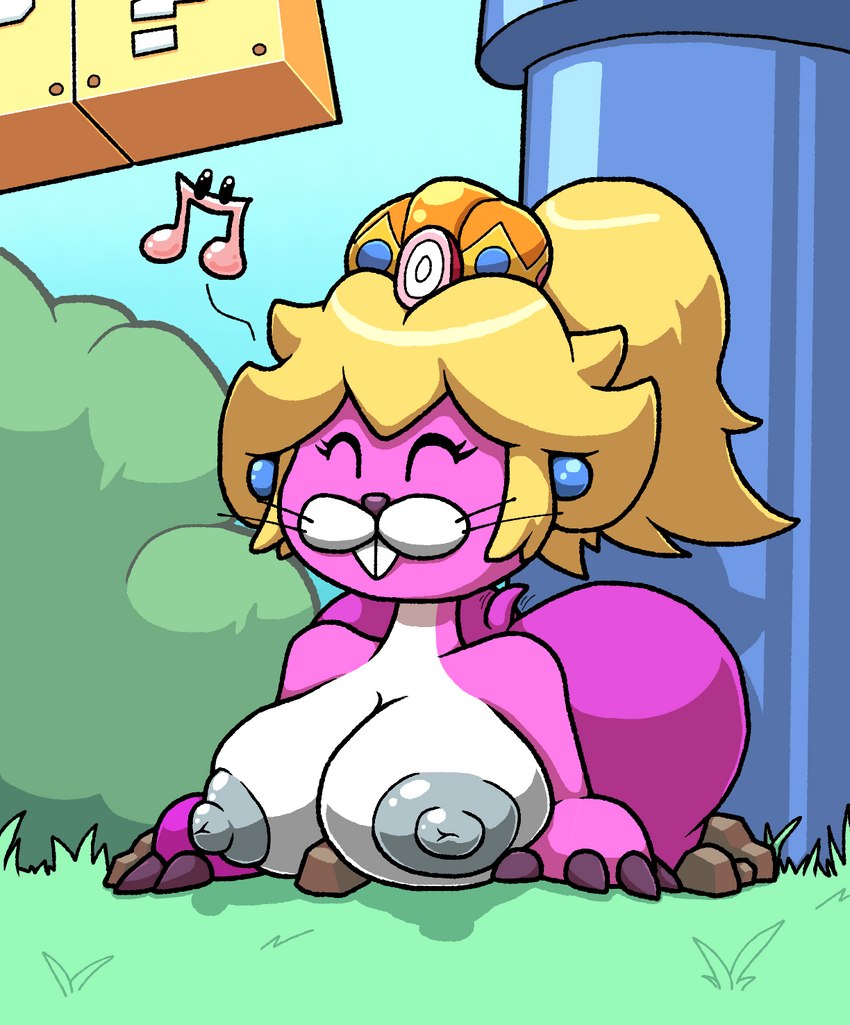 alternate_species anthro areola big_breasts big_butt blonde_hair breasts buckteeth butt crown ear_piercing eyelashes eyes_closed female fur grey_areola grey_nipples hair headgear musical_note musical_symbol nipples piercing pink_body pink_fur solo symbol teeth whiskers white_body white_fur chabble mario_bros nintendo princess_peach eulipotyphlan mammal mole_(animal) monty_mole hi_res