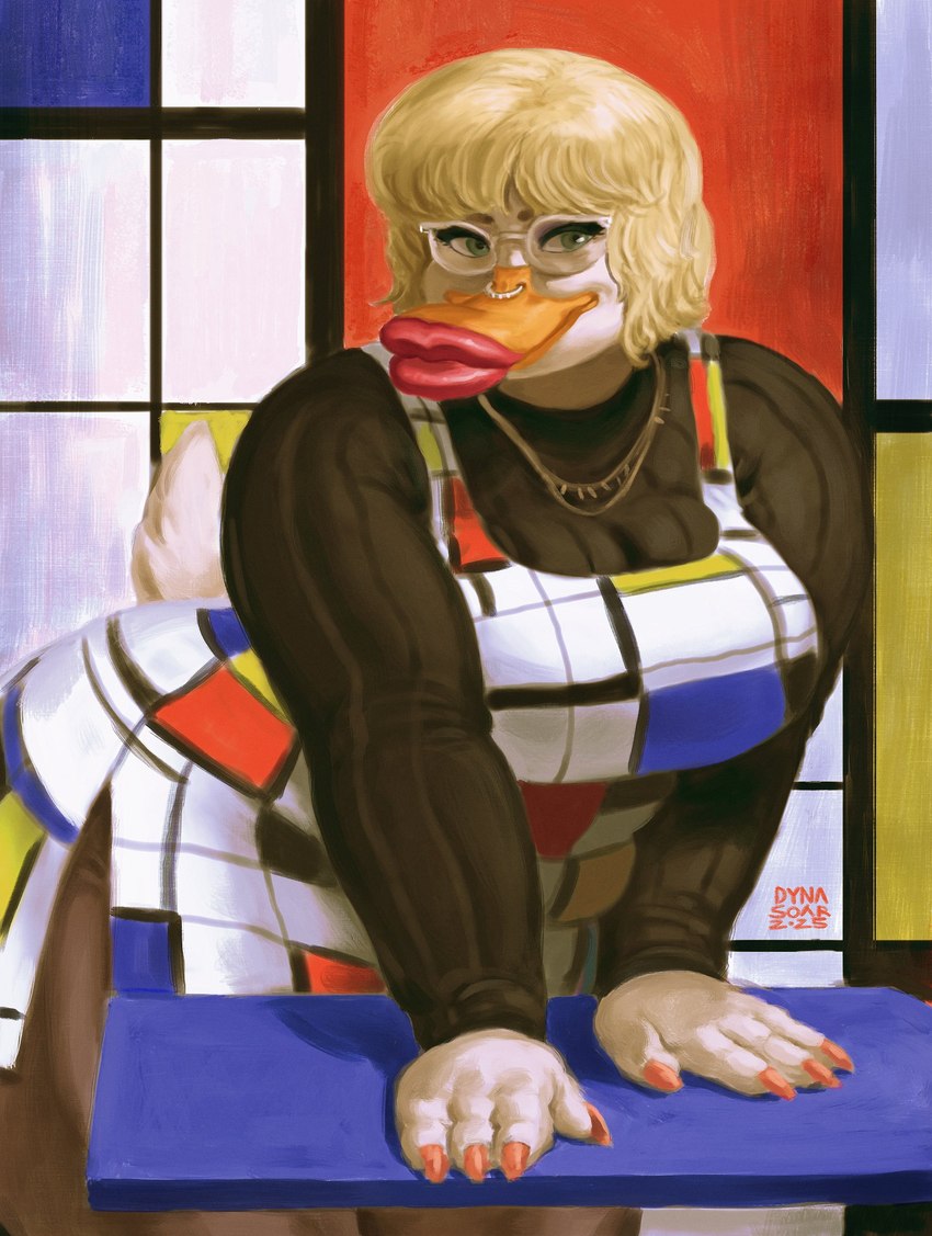 abstract_background anthro beak beak_lips beakstick big_breasts black_clothing blonde_hair breasts cleavage clothed clothing colored_nails curvy_figure dress eyebrows eyelashes eyewear facial_piercing feathers female furgonomics glasses hair jewelry leaning leaning_forward leaning_on_object legwear lips lipstick long_sleeve_shirt makeup nails necklace nose_piercing nose_ring overweight overweight_female pattern_clothing piercing pose ring_piercing septum_piercing septum_ring short_hair solo stockings tail tail_feathers thick_lips tights white_body white_feathers wide_hips dyna_soar anatid anseriform avian bird duck 2025 digital_media_(artwork) digital_painting_(artwork) hi_res painting_(artwork) pinup portrait signature three-quarter_portrait