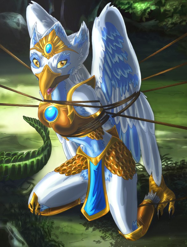 anthro armor ball_gag bdsm beak blue_body blue_feathers bondage bottomwear bound breasts clothing duo eyelashes feathered_wings feathers feet female gag kneeling loincloth looking_at_viewer navel non-mammal_breasts open_mouth outside rope solo_focus submissive submissive_anthro submissive_female talons toes tongue white_body white_feathers wings yellow_eyes erikson1 legends_of_chima lego eris_(legends_of_chima) alligator alligatorid avian crocodilian reptile scalie hi_res