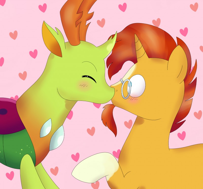 duo green_body heart_symbol horn kiss_on_lips kissing male male/male pattern_background pink_background simple_background surprise_kiss yellow_body chocolatechippi friendship_is_magic hasbro my_little_pony mythology sunburst_(mlp) thorax_(mlp) arthropod changeling equid equine horse mammal mythological_creature mythological_equine pony unicorn hi_res