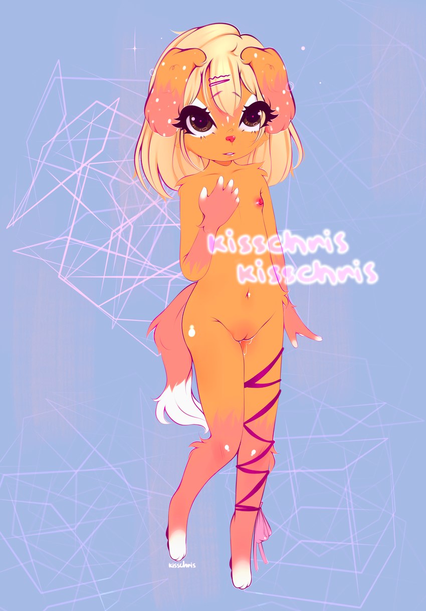 accessory adolescent anthro bangs belly blonde_hair blue_background bodily_fluids breasts brown_eyes butt clothing ears_down female fur garter genital_fluids genitals hair hair_accessory hairpin legwear loli looking_at_viewer nipples nude one_leg_up open_mouth pink_body pink_fur pivoted_ears pose pussy raised_leg ribbons short_hair simple_background small_breasts smile smiling_at_viewer solo standing tail teeth text tuft vaginal_fluids wide_hips yellow_body yellow_fur young young_anthro young_female kisschris canid canine canis domestic_dog mammal absurd_res digital_media_(artwork) english_text hi_res pinup adopted_(lore)