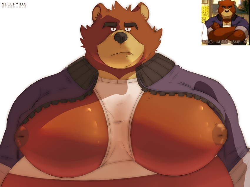 anthro belly big_moobs blue_clothing blue_jacket blue_topwear brown_body brown_fur clothing crossed_arms dewlap_(anatomy) eyebrows facial_tuft fur head_tuft inverted_nipples jacket looking_at_viewer male moobs nipples overweight overweight_anthro overweight_male reference_image simple_background solo topwear tuft white_background sleepyras morenatsu juuichi_mikazuki bear mammal 2021 4:3 signature