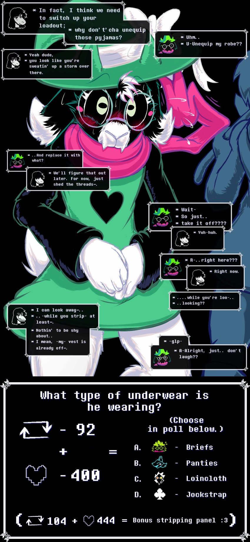 anthro blush dialogue duo eyewear fangs female fur glasses heart_symbol horn male scarf teeth text white_body white_fur white_ribbon frist44 deltarune undertale_(series) ralsei susie_(deltarune) swatch_(deltarune) tasque_manager bovid caprine dinosaur goat mammal prehistoric_species reptile scalie 2024 english_text hi_res