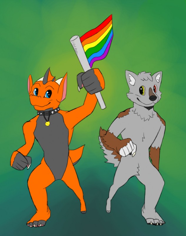 anthro barefoot belly black_nose blue_eyes brown_body brown_fur claws collar collar_only collar_tag duo eyebrows featureless_crotch feet fingers flag flag_(object) fluffy fluffy_tail fur gradient_background grey_belly grey_body grey_fur grey_scales heterochromia holding_flag holding_object horn humanoid_hands lgbt_pride male multicolored_body multicolored_fur multicolored_scales nude orange_body orange_scales paws pride_color_flag pride_colors rainbow_flag rainbow_pride_colors rainbow_pride_flag rainbow_symbol scales simple_background six-stripe_rainbow_pride_colors smile snout spiked_collar spikes tail thick_tail toe_claws toes two_tone_body two_tone_fur white_claws thejoyfuldragon mythology anglo_(character) felix_joyful canid canine canis dragon kobold mammal mythological_creature mythological_scalie scalie wolf hi_res