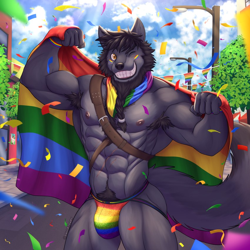 abs anthro armpit_hair beard biceps body_hair bulge butt cape celebration clothed clothing confetti detailed_background facial_hair flag flexing flexing_bicep fur hair harness jockstrap lgbt lgbt_pride looking_at_viewer male multicolored_clothing muscular muscular_anthro muscular_male nipples one_eye_closed outside parade partially_clothed pecs pride pride_color_flag pride_colors pride_parade rainbow_clothing rainbow_flag rainbow_pride_colors rainbow_symbol smile solo tail teeth underwear wink galletoart lgbt_pride_month ronin_(innovator_aegis) canid canine canis mammal wolf 1:1 2024 absurd_res hi_res