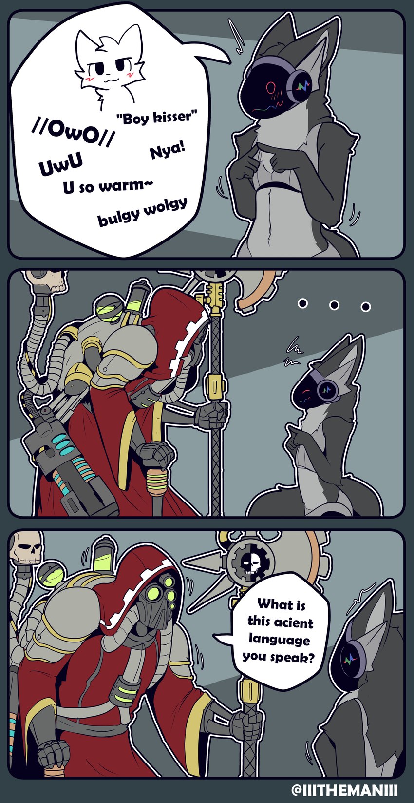 adeptus_mechanicus ambiguous_gender anthro blush blush_lines clothed clothing cybernetics dialogue duo femboy fur grey_body grey_fur holding_object holding_weapon humor index_to_index machine male nya owo question_mark simple_background speech_bubble tech_priest text uwu weapon the_man boy_kisser_(meme) warhammer_(franchise) warhammer_40000 silly_cat_(mauzymice) cyborg human mammal protogen 2024 absurd_res comic english_text hi_res meme