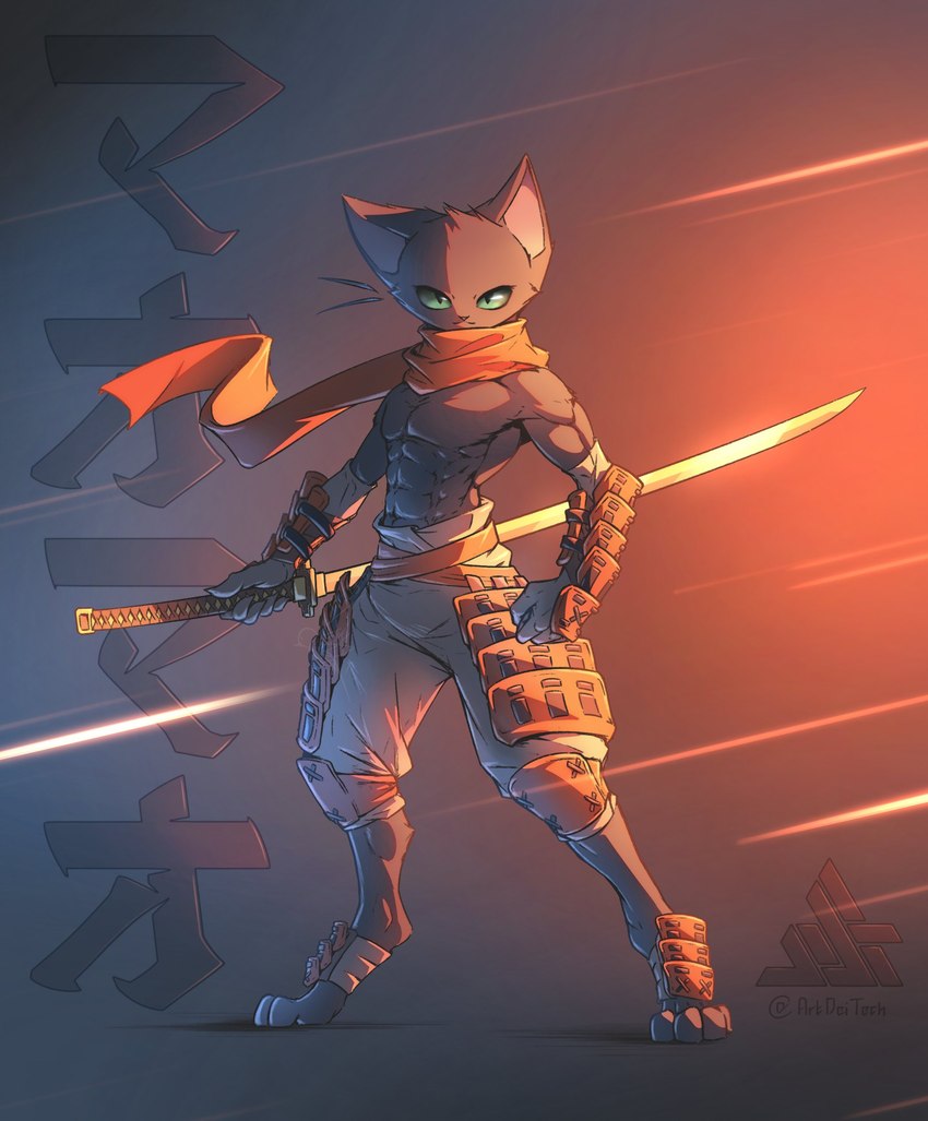 abs anthro clothed clothing male melee_weapon muscular muscular_male solo sword topless weapon artdeitech cartoon_network mao_mao:_heroes_of_pure_heart sheriff_mao_mao_mao domestic_cat felid feline felis mammal hi_res