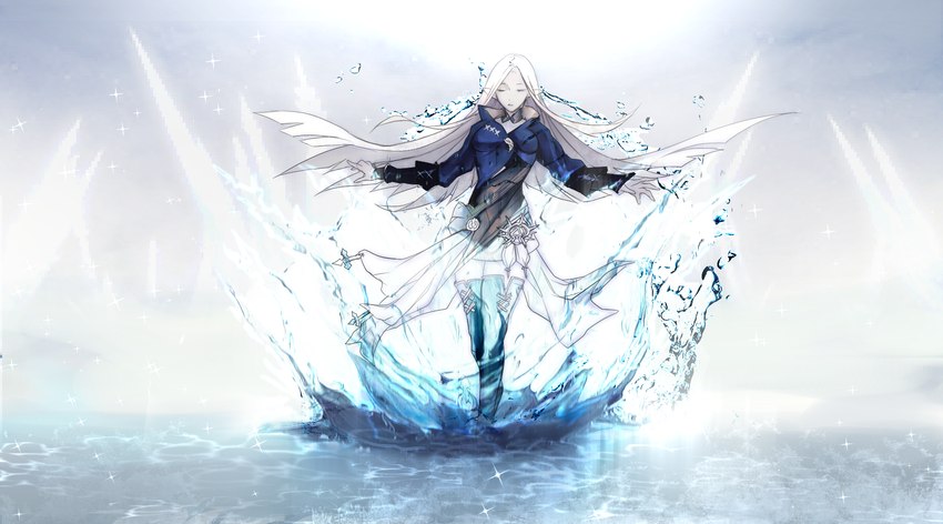 5_fingers blue_clothing blue_legwear bottomwear clothing eyes_closed female fingers glitter hair legwear long_hair mouth_closed not_furry skirt solo water water_drop water_splashes white_bottomwear white_clothing white_hair white_skirt kazekyou final_fantasy final_fantasy_xiv square_enix shiva_(final_fantasy_xiv) ysayle_iceheart elezen elf humanoid primal_(final_fantasy_xiv) 2021 hi_res